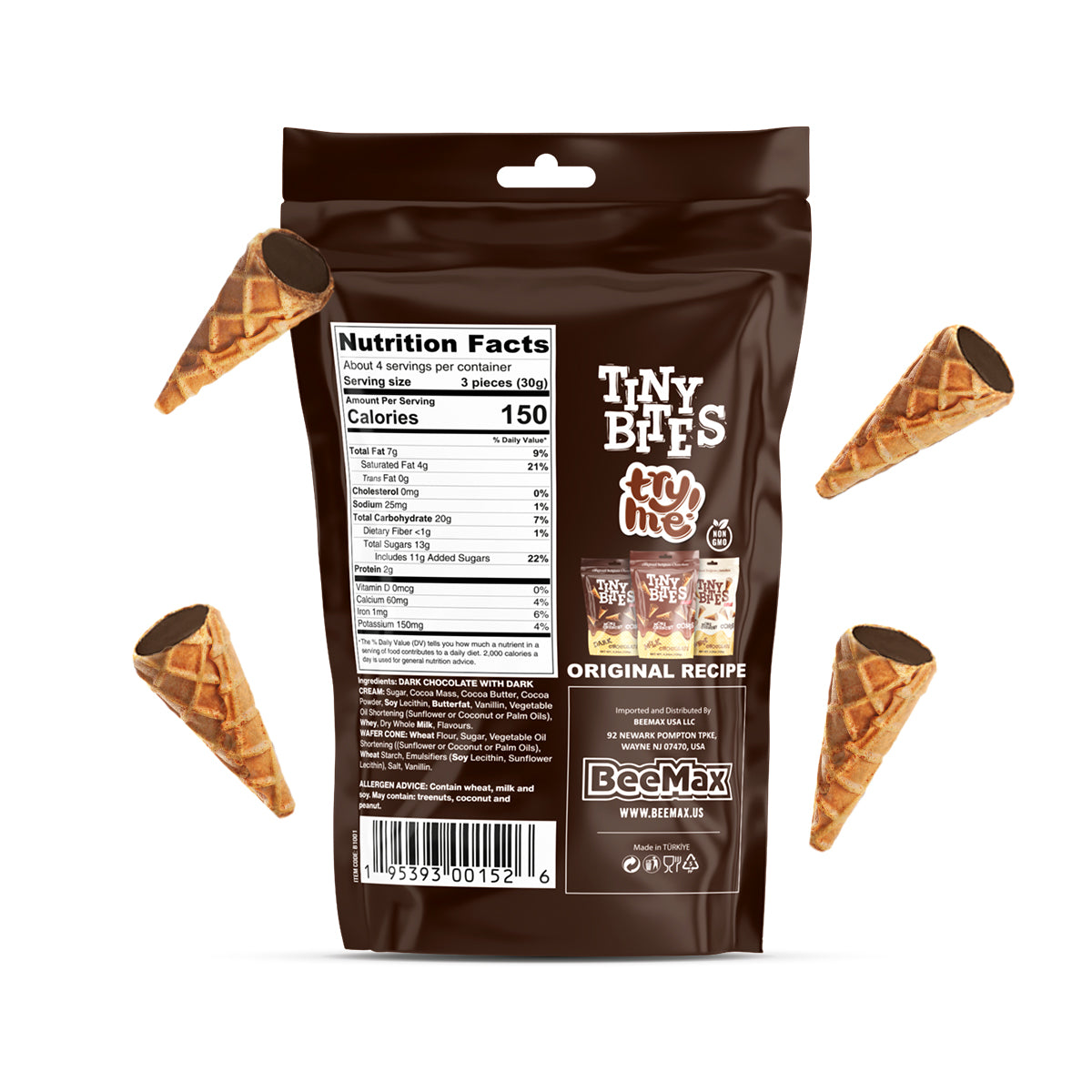 Tiny Bites Waffle Mini Cones with Original Belgian Dark Chocolate 4.24 oz